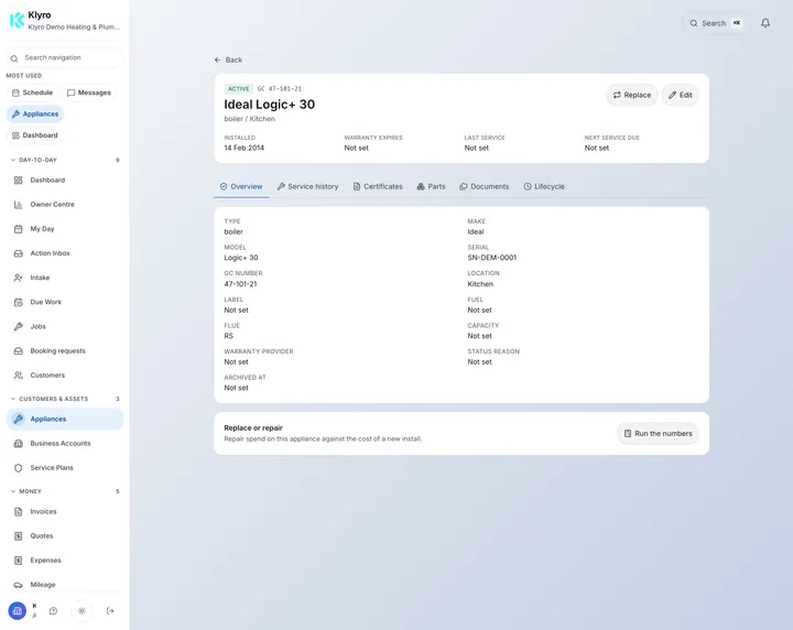 A Klyro appliance record for an Ideal Logic+ 30 boiler in a kitchen, showing GC number, serial, flue and warranty, with tabs for overview, service history, certificates, parts, documents and lifecycle.