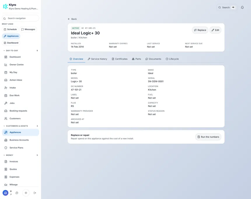 A Klyro appliance record for an Ideal Logic+ 30 boiler in a kitchen, showing GC number, serial, flue and warranty, with tabs for overview, service history, certificates, parts, documents and lifecycle.