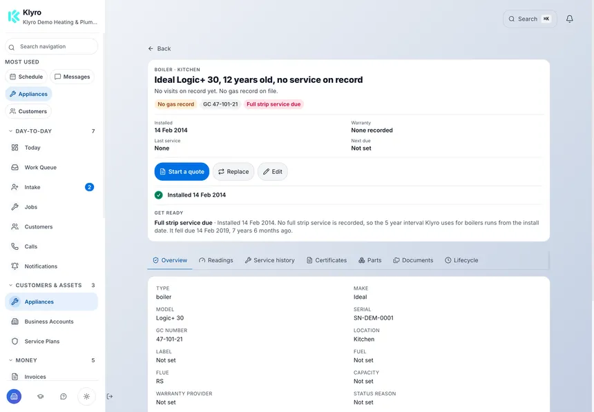 A current Klyro appliance record showing a fictional Ideal Logic+ 30 installation, service history and related records.