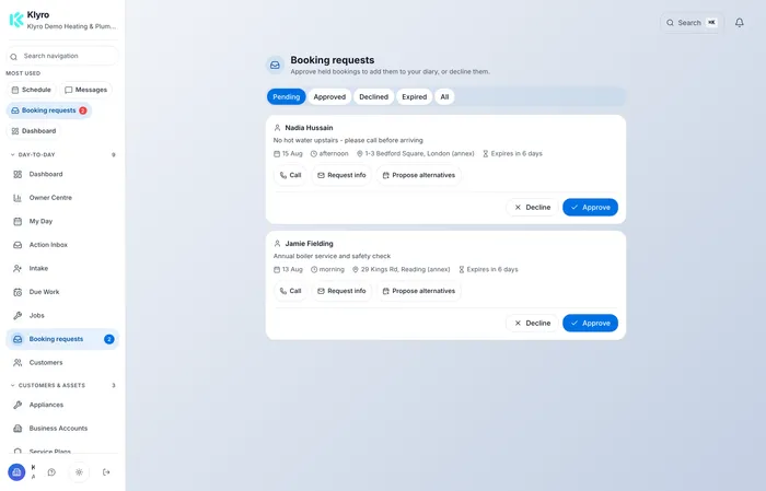 The Klyro booking-request queue holding two pending requests — Nadia Hussain reporting no hot water upstairs, and Jamie Fielding wanting an annual boiler service and safety check — each with call, request-info, propose-alternatives, decline and approve actions.