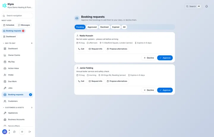 The Klyro booking-request queue holding two pending requests — Nadia Hussain reporting no hot water upstairs, and Jamie Fielding wanting an annual boiler service and safety check — each with call, request-info, propose-alternatives, decline and approve actions.