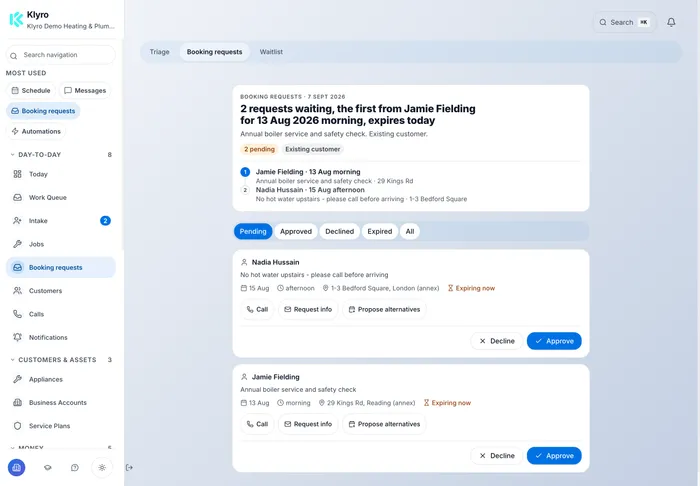 The current Klyro booking-request queue containing fictional customer requests and review actions.