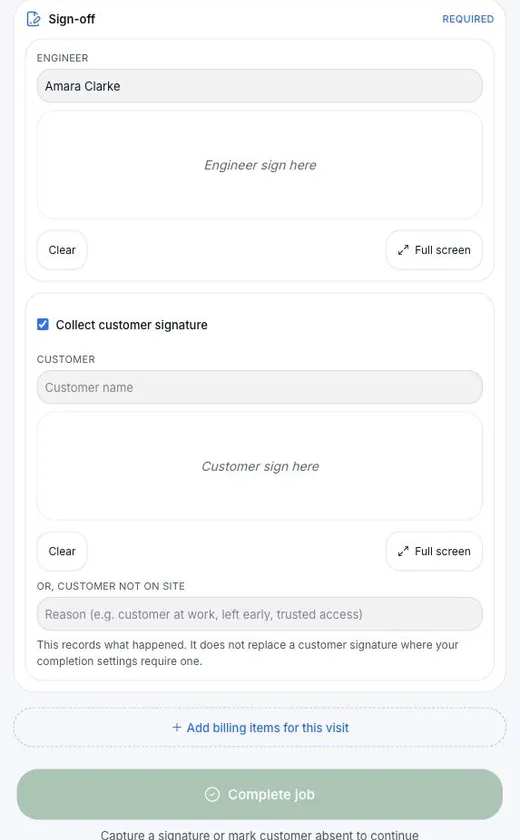 The Klyro on-site sign-off panel: a required engineer signature field for Amara Clarke, a separate customer signature field with a checkbox to collect it, an alternative field to record why the customer was not on site, and a Complete job button that stays disabled until one is supplied.