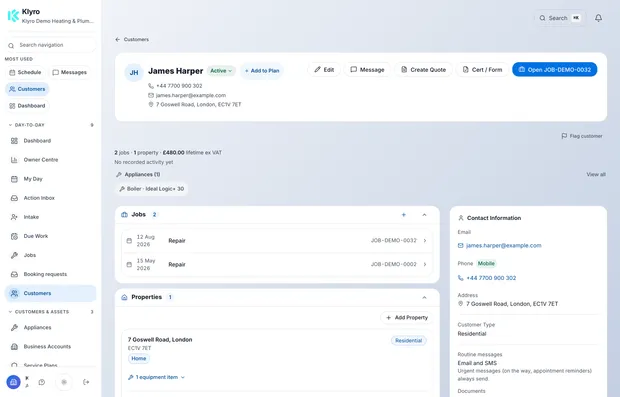 A Klyro customer record for Aisha Patel with contact details, address, quick actions to message, quote, produce a certificate or open the live job, plus her jobs, her property and its appliances, and lifetime value.