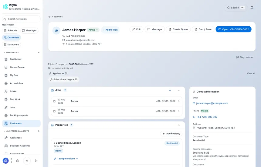 A Klyro customer record for Aisha Patel with contact details, address, quick actions to message, quote, produce a certificate or open the live job, plus her jobs, her property and its appliances, and lifetime value.