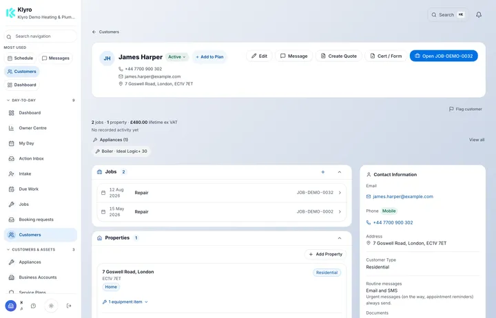 A Klyro customer record for Aisha Patel with contact details, address, quick actions to message, quote, produce a certificate or open the live job, plus her jobs, her property and its appliances, and lifetime value.