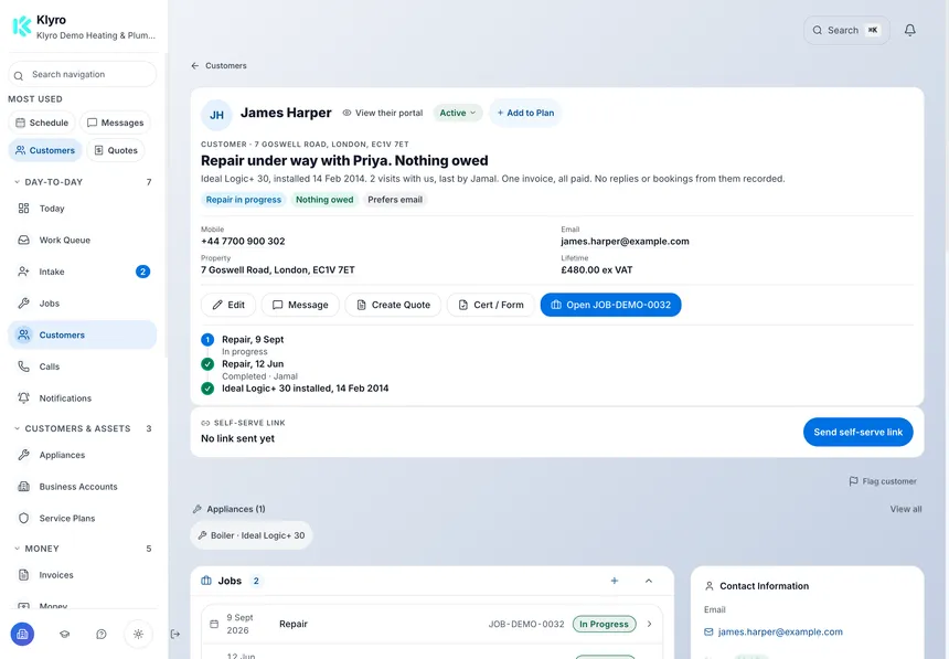 The current Klyro record for fictional customer James Harper, with contact details, property, appliance history and connected jobs.