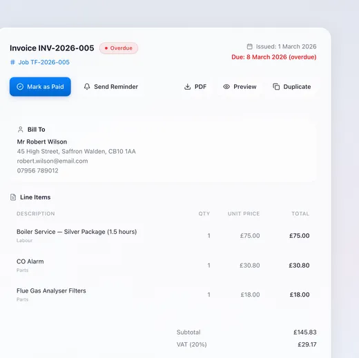 Klyro invoice line items showing a boiler service silver package of 1.5 hours at £75 as labour, a CO alarm at £30.80 and flue gas analyser filters at £18 as parts, with a subtotal of £145.83 and VAT at 20 per cent of £29.17.