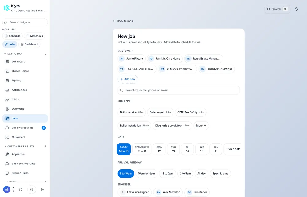 Raising a new job in Klyro: pick a customer the business already has, then a job type — boiler service, boiler repair, CP12 gas safety, boiler installation or diagnosis — then a date, an arrival window and an engineer.