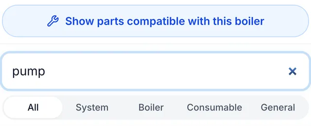 The Klyro add-part-to-job panel on a phone, offering to show only parts compatible with this boiler, with a search field containing the word pump and category filters for All, System, Boiler, Consumable and General.