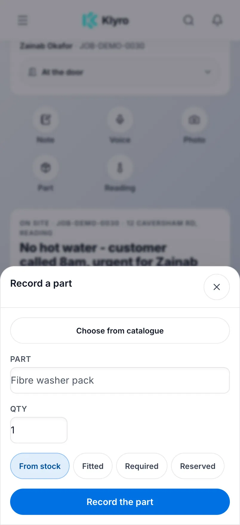 The current mobile Record a part panel, with catalogue selection, quantity and fitted, required or reserved status.