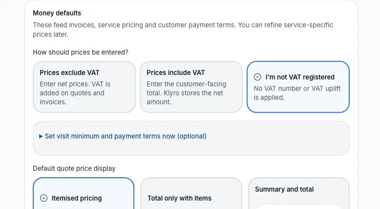 Klyro setup asking how prices should be entered — excluding VAT, including VAT, or not VAT registered — and how quotes display by default: itemised pricing, total only with items listed, or a summary and total.