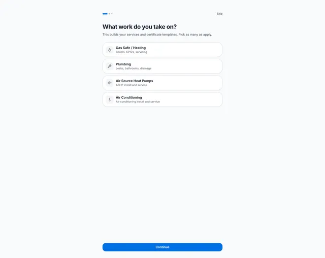 Klyro setup asking what work the business takes on, offering Gas Safe and heating, plumbing, air source heat pumps and air conditioning, and noting that the answer builds the service and certificate templates.