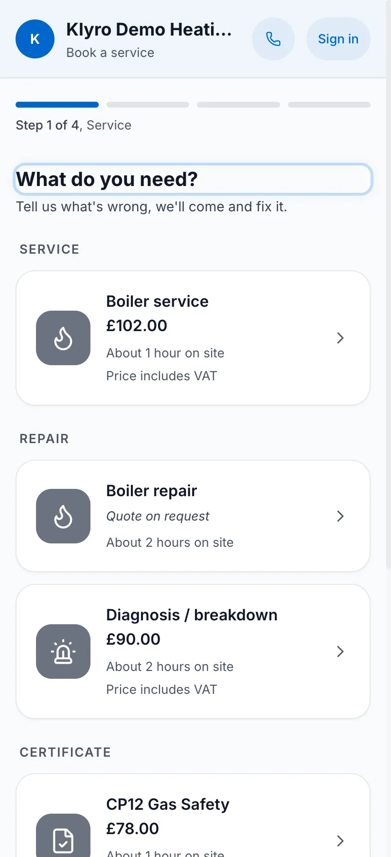 A current Klyro customer-facing booking page with fictional services, prices and visit durations.