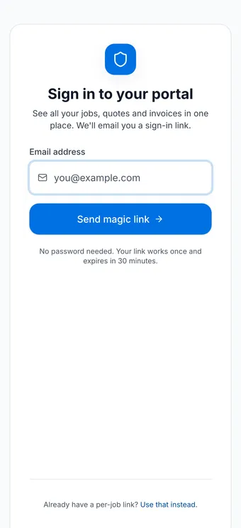 The Klyro customer portal sign-in: see all your jobs, quotes and invoices in one place, with a single-use sign-in link sent by email and no password to remember.