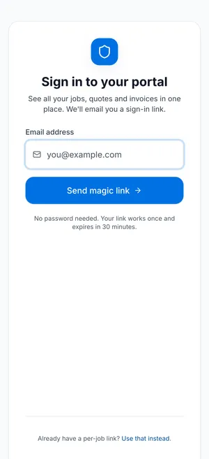 The Klyro customer portal sign-in: see all your jobs, quotes and invoices in one place, with a single-use sign-in link sent by email and no password to remember.