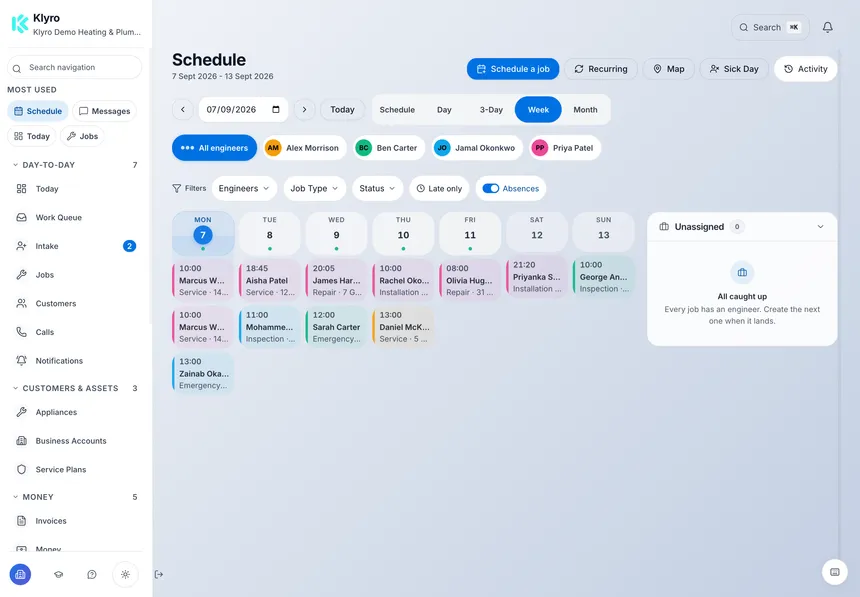 The current Klyro weekly diary with fictional demo jobs, engineer filters and the unassigned-work panel.