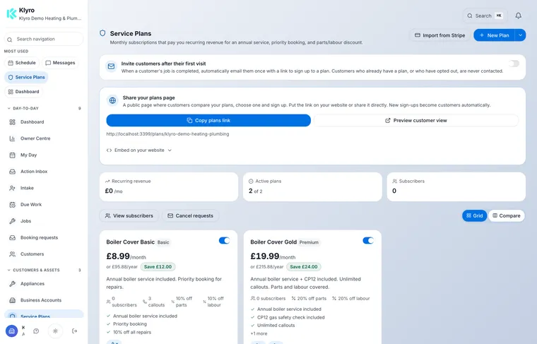 Two Klyro service plans the trade sells to its own customers: Boiler Cover Basic at £8.99 a month with an annual service, priority booking and ten per cent off repairs, and Boiler Cover Gold at £19.99 a month adding a CP12 and unlimited callouts with parts and labour covered.