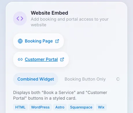 Klyro website-embed settings offering a booking page and customer portal as a combined widget, with copy-ready snippets for HTML, WordPress, Astro, Squarespace and Wix.