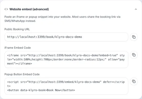The current Klyro website-embed controls for sharing the booking page on an existing website.